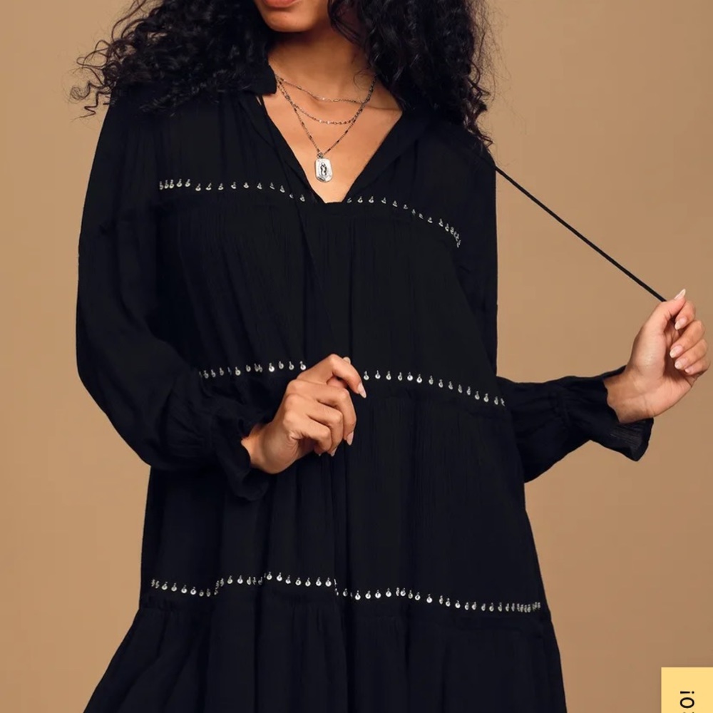 Lulu’s Make Some Waves Black Tiered Long Sleeve Boho Swing Dress Size Small - Picture 2 of 16